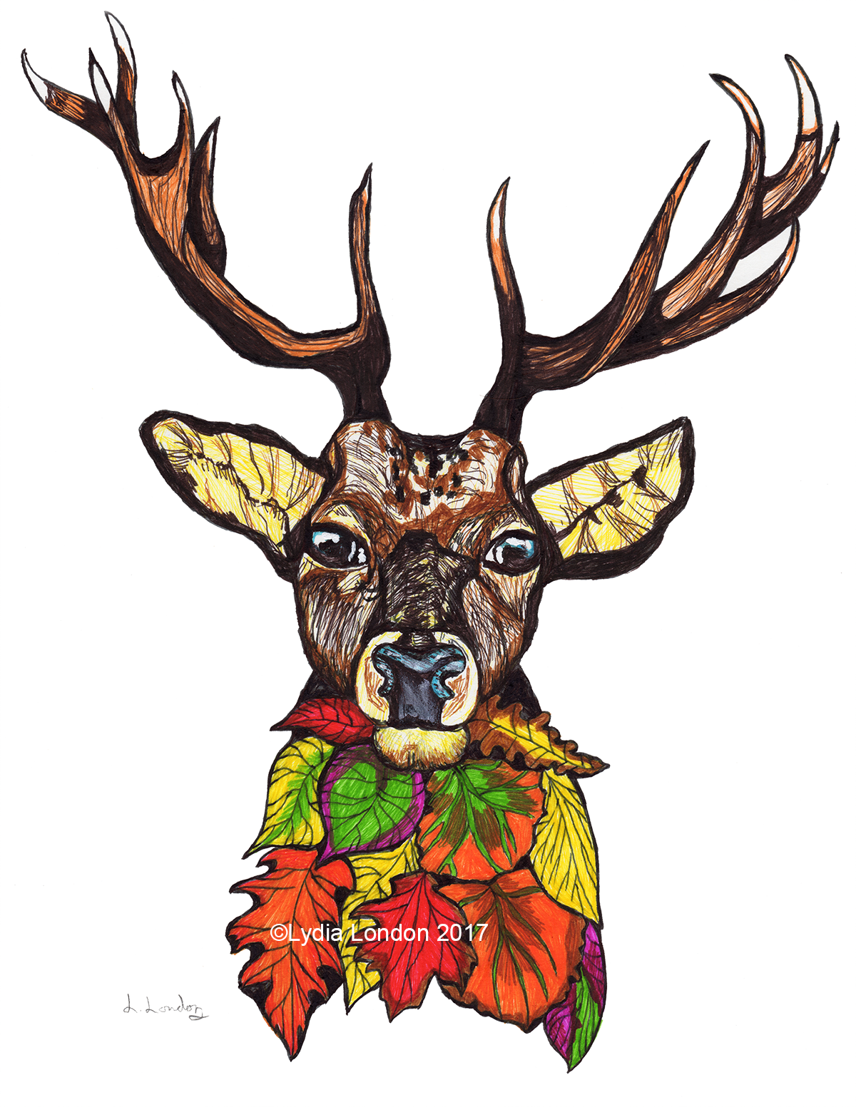 Stag With Leaves Fine Liner Artwork Print